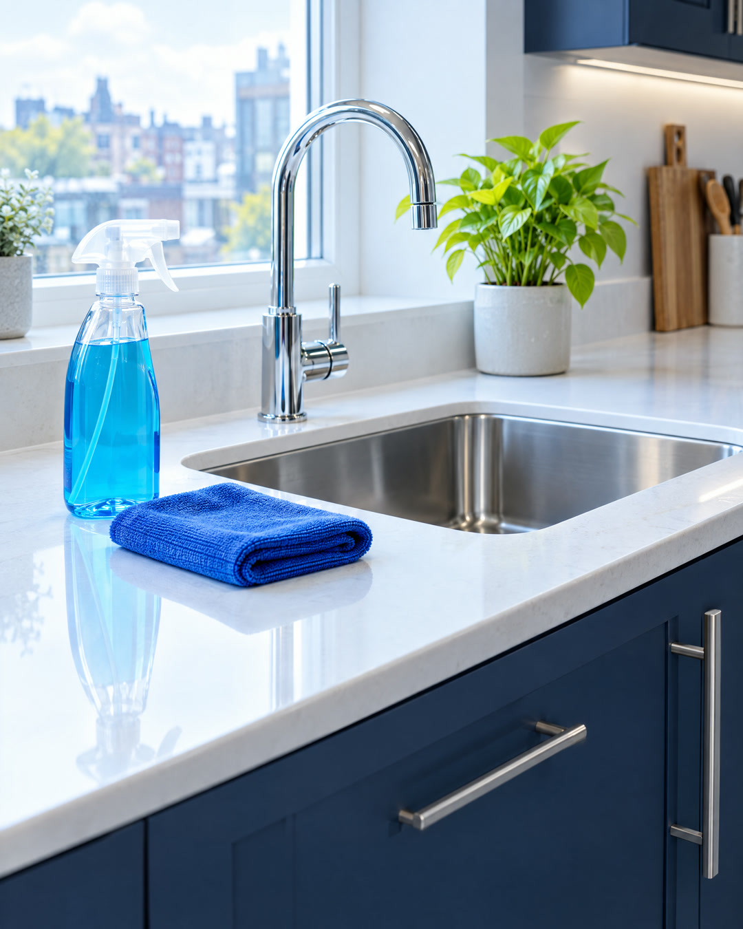 A spotless kitchen worktop and sink, gleaming after a deep clean