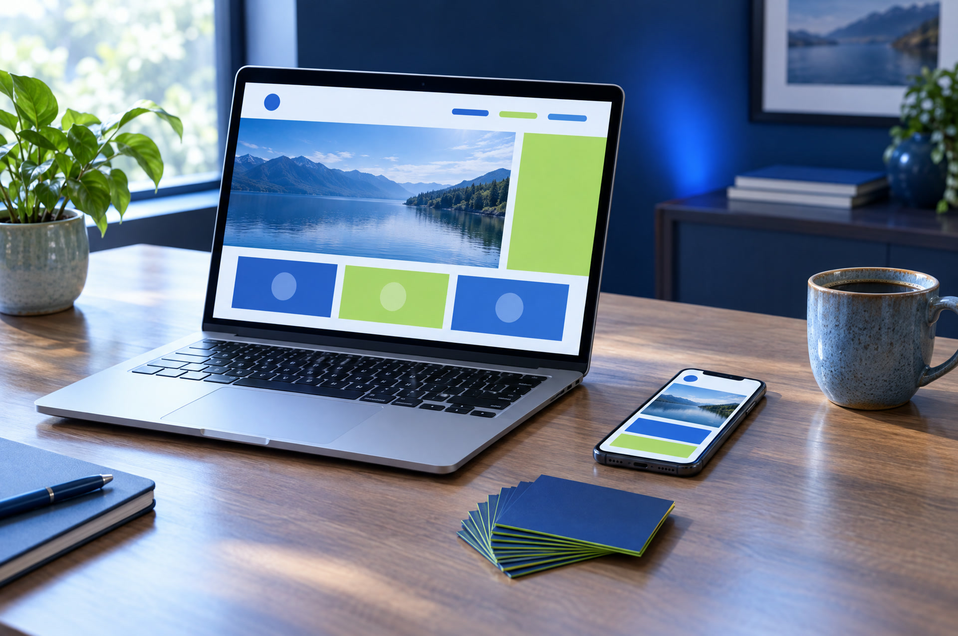 A small business owner's desk with a laptop, phone and a stack of navy business cards